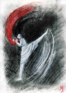 Illustration avec craies rouges, blanches et noires d'une danseuse