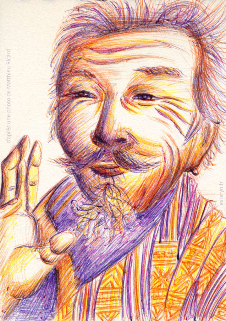 Dessin aux stylos billes jaune, orange, rose et violet d'un monsieur âgé asiatique souriant
