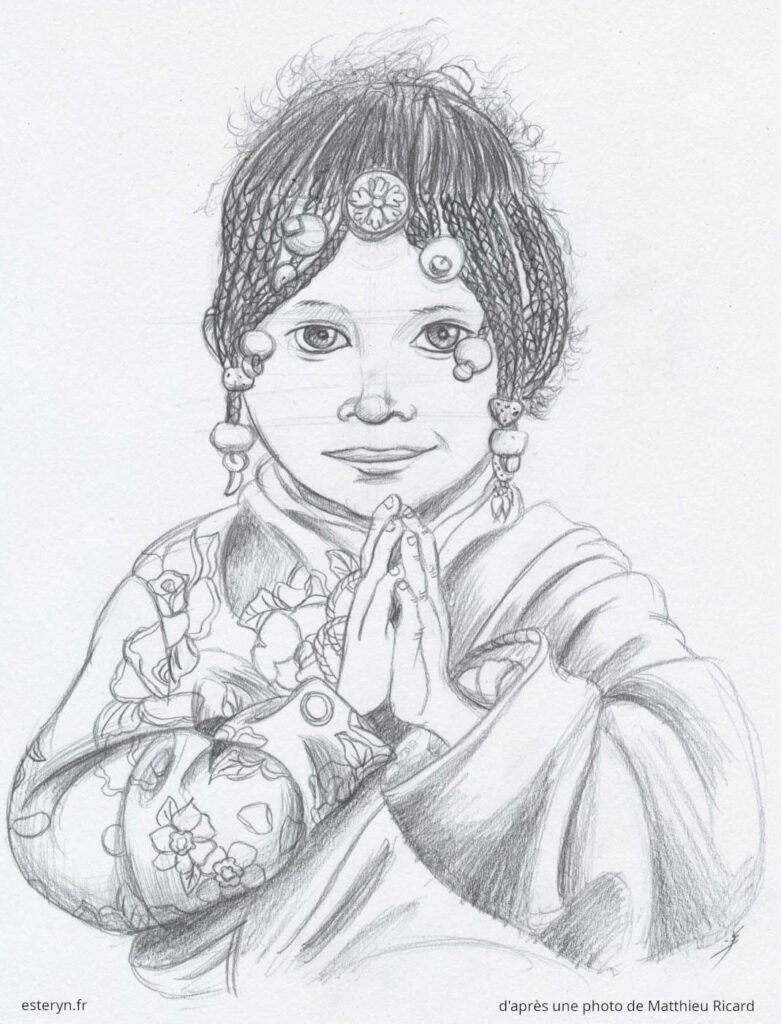 dessin d'une jeune fille nomade avec des tresses et un sourire espiègle, mains jointes