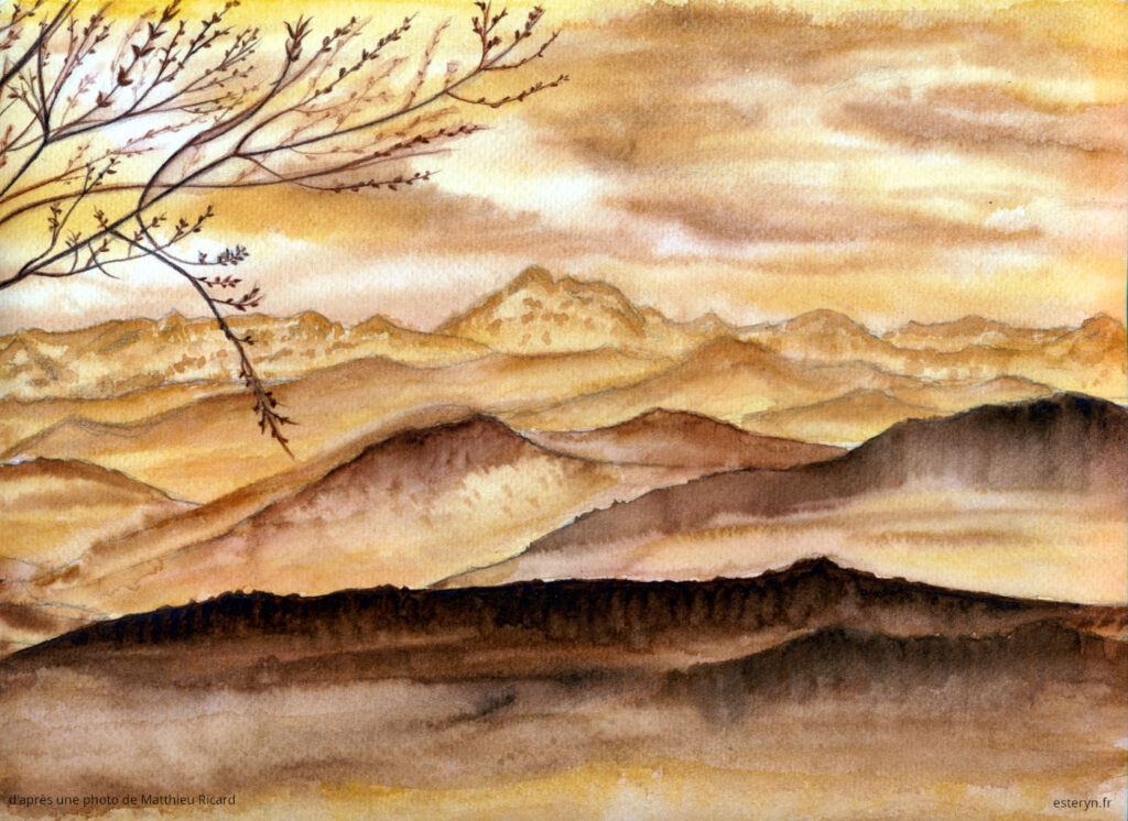 peinture en teintes ocres et siennes d'une chaîne de montagnes nimbée de brumes