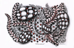 dessin inspiration zentangle en noir et rouge avec motifs floraux et ovales